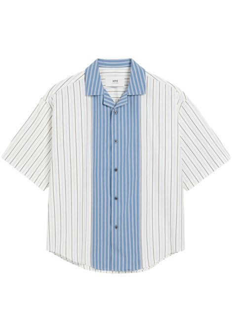 Camicia a righe con collo ampio in azzurro e bianco AMI Paris - uomo